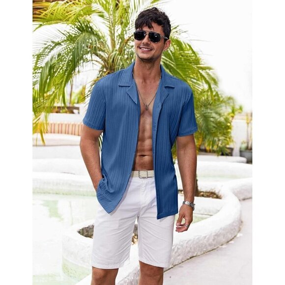 ❤️Men's Blue Shirts Short Sleeve Casual Button Down Shirt Summer Beach Shirt - Picture 2 of 6